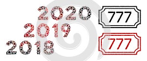 777 Grunge Rubber Stamps with Notches and 2018 - 2020 Years Collage of Covid Virus Icons