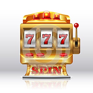 777 jackpot slot machine. Golden casino spin, isolated gambling prize machine. Vector realistic game spinning slot