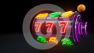 777 Slot Machine With Fruit Icons. Jackpot And Fortune. Casino Gambling Concept With Neon Lights - 3D Illustration