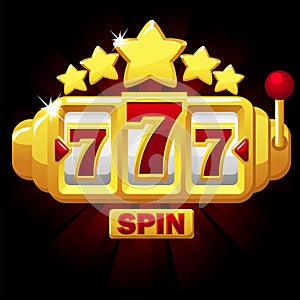 777 slots symbol, jackpot sign, gold emblem with stars for ui games.
