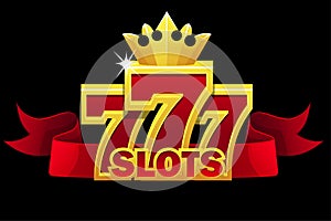 777 slots symbol, jackpot sign with red ribbon and gold crown for ui games.