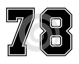 78 Classic Vintage Sport Jersey Number in black number on white background for american football, baseball or basketball