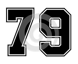 79 Classic Vintage Sport Jersey Number in black number on white background for american football, baseball or basketball