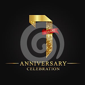 7th anniversary years celebration logotype. Logo ribbon gold number and red ribbon on black background.