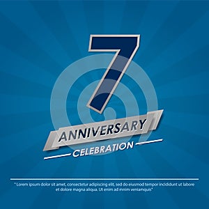 7th years anniversary celebration emblem. anniversary elegance silver logo isolated with ribbon on blue background, vector