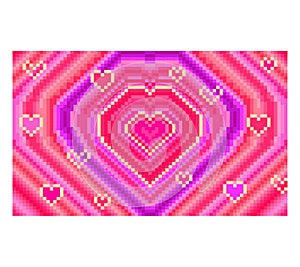 8 bit background with pulsing hearts in pink, red, magenta, lilac and violet colors for Valentine’s day