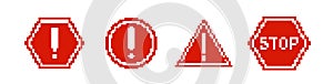 8 bit caution road sign icon. Pixel error retro banner.