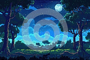 8 bit game style of spring or summer night forest horizontal background