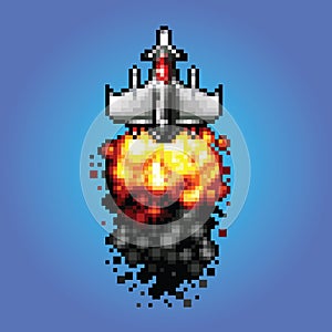 8-bit pixel art space ship blasting flying into space