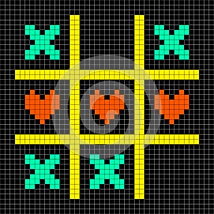 8-bit Pixel Art Tic Tac Toe With Kisses and Love Heart Symbols