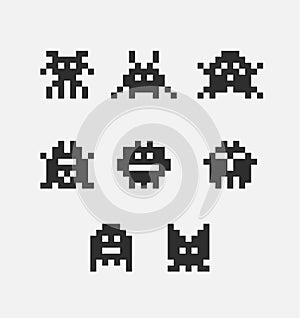 8 bit pixel black arcade game alien invader. Superhero pixel space monster geek game