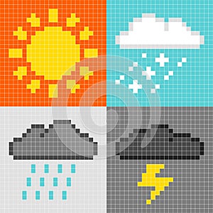 8-bit pixel weather symbols: sun, rain, snow, thunder