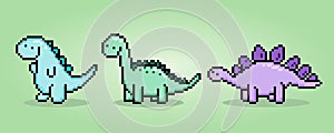 8 bit pixels dinosaur T-Rex, Brontosaurus, and Stegosaurus