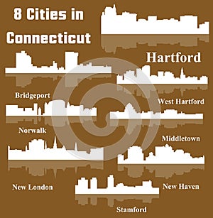 8 Cities in Connecticut (Hartford, New London, New Haven, West Hartford, Middletown, Stamford, Bridgeport, Norwalk )