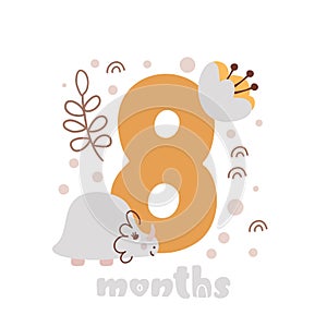 8 eight months anniversary card. Baby shower print with cute animal dino and flowers capturing all special moments. Baby