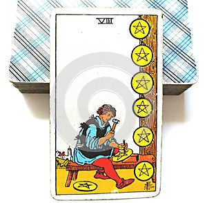 8 Eight of Pentacles Tarot Card Growth Study Learning Scholarships Mentors Teamwork Apprentice Material Growth