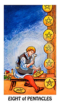 8 Eight of Pentacles Tarot Card Growth Study Learning Scholarships Mentors Teamwork Apprentice Material Growth