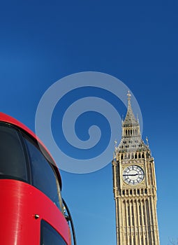 8 February 2023 - London, UK: Big Ben and red London bus