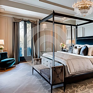 8 A luxurious master bedroom with a four-poster bed, chandelier, and velvet accents5, Generative AI