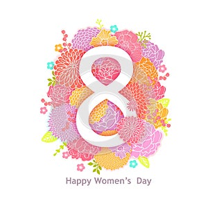 8 march background design with doodle flowers flowers. Happy women`s day greeting card.