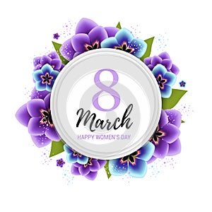 8 march background with violet tulip flowers. Happy women`s day floral card design vector illustration