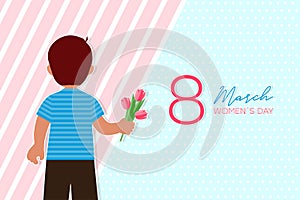 8 march card with boy who gives flowers. Child gives tulips on Women`s Day, back view. Vector
