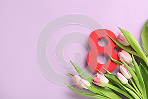 8 March card design with tulips and space for text on violet background, flat lay. International Women`s Day
