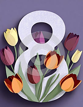 8 March card design with tulips on violet background, flat lay. International Women`s Day