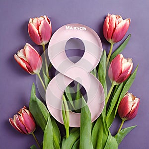 8 March card design with tulips on violet background, flat lay. International Women`s Day