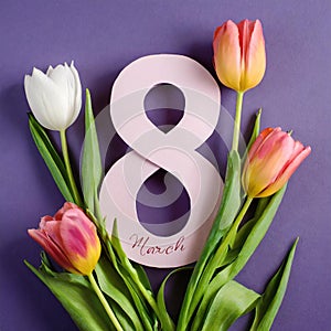 8 March card design with tulips on violet background, flat lay. International Women`s Day