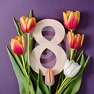 8 March card design with tulips on violet background, flat lay. International Women`s Day