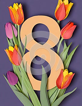 8 March card design with tulips on violet background, flat lay. International Women`s Day