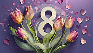 8 March card design with tulips on violet background, flat lay. International Women`s Day