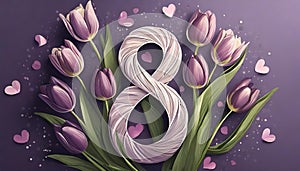 8 March card design with tulips on violet background, flat lay. International Women`s Day