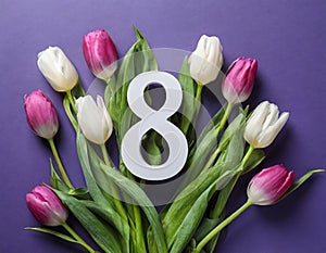 8 March card design with tulips on violet background, flat lay. International Women`s Day