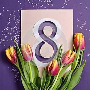 8 March card design with tulips on violet background, flat lay. International Women`s Day