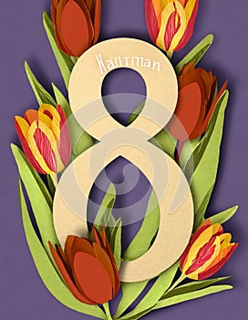 8 March card design with tulips on violet background, flat lay. International Women`s Day