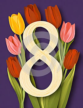 8 March card design with tulips on violet background, flat lay. International Women`s Day