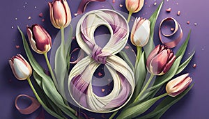 8 March card design with tulips on violet background, flat lay. International Women`s Day