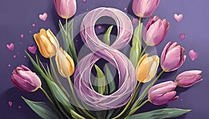 8 March card design with tulips on violet background, flat lay. International Women`s Day