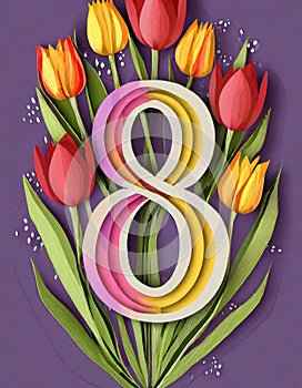 8 March card design with tulips on violet background, flat lay. International Women`s Day