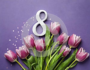 8 March card design with tulips on violet background, flat lay. International Women`s Day