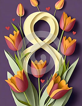 8 March card design with tulips on violet background, flat lay. International Women`s Day