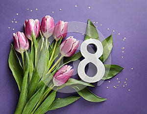 8 March card design with tulips on violet background, flat lay. International Women`s Day