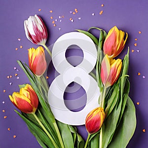 8 March card design with tulips on violet background, flat lay. International Women`s Day