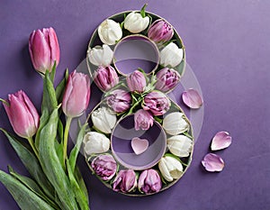 8 March card design with tulips on violet background, flat lay. International Women`s Day