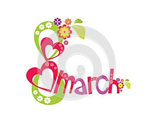 8 march with flowers and heart Womens Day card on white background - illustration