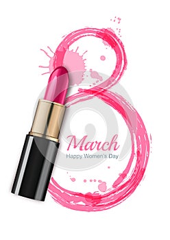 8 March greeting card, International Women`s Day. Pink lipstick and watercolor number eight.