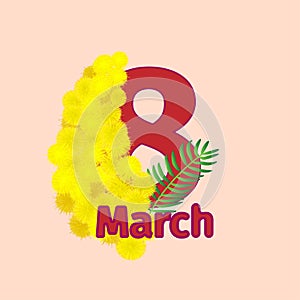 8 march. Greeting card with mimosa