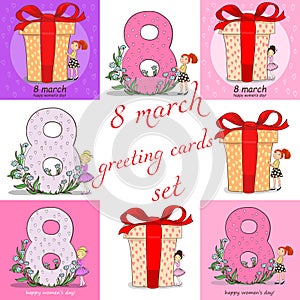 8 march hand drawing cards with girls set